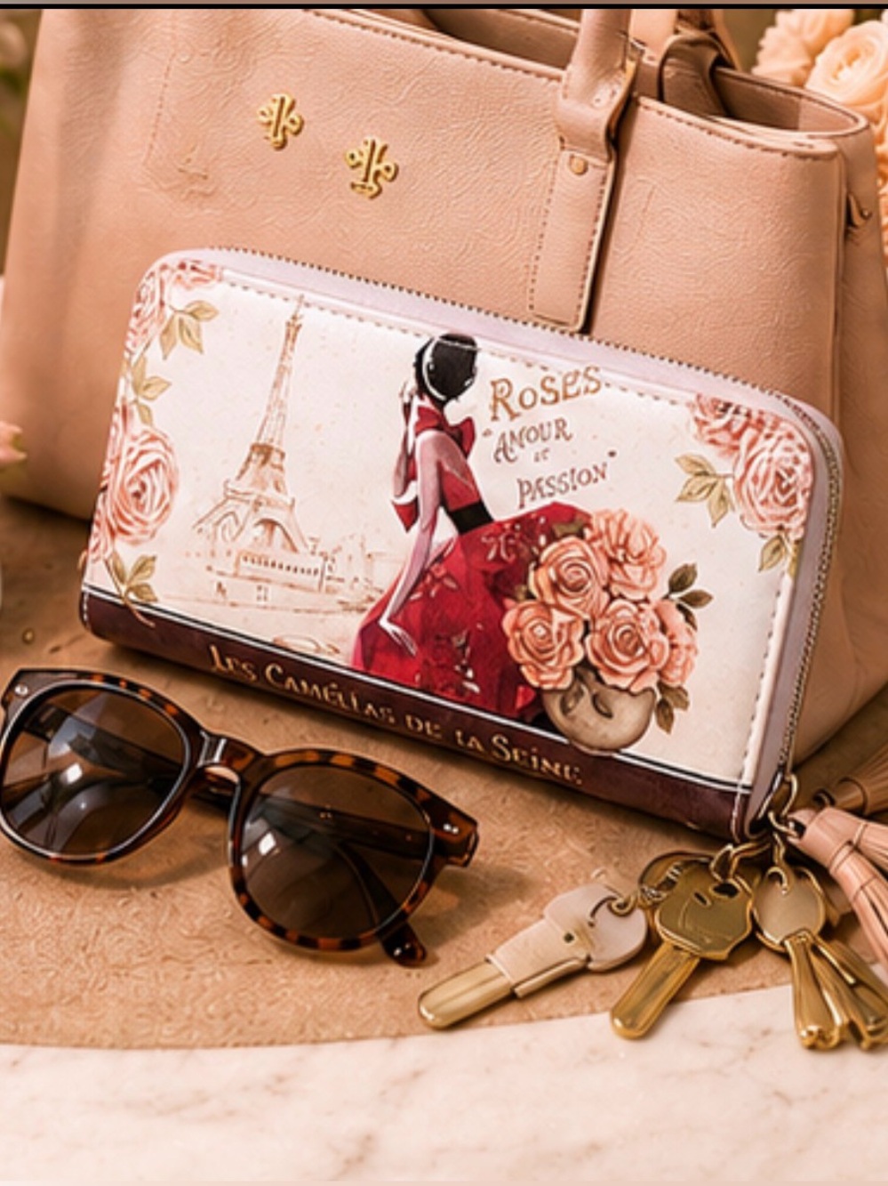 NEW Parisian Rose Print Women's Clutch Wallet in Red & Cream NWT
